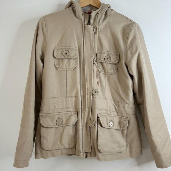 Old Navy Hooded Utility Jacket Womens L Khaki Cargo Quilted Thermal Lined Canvas - Picture 1 of 10